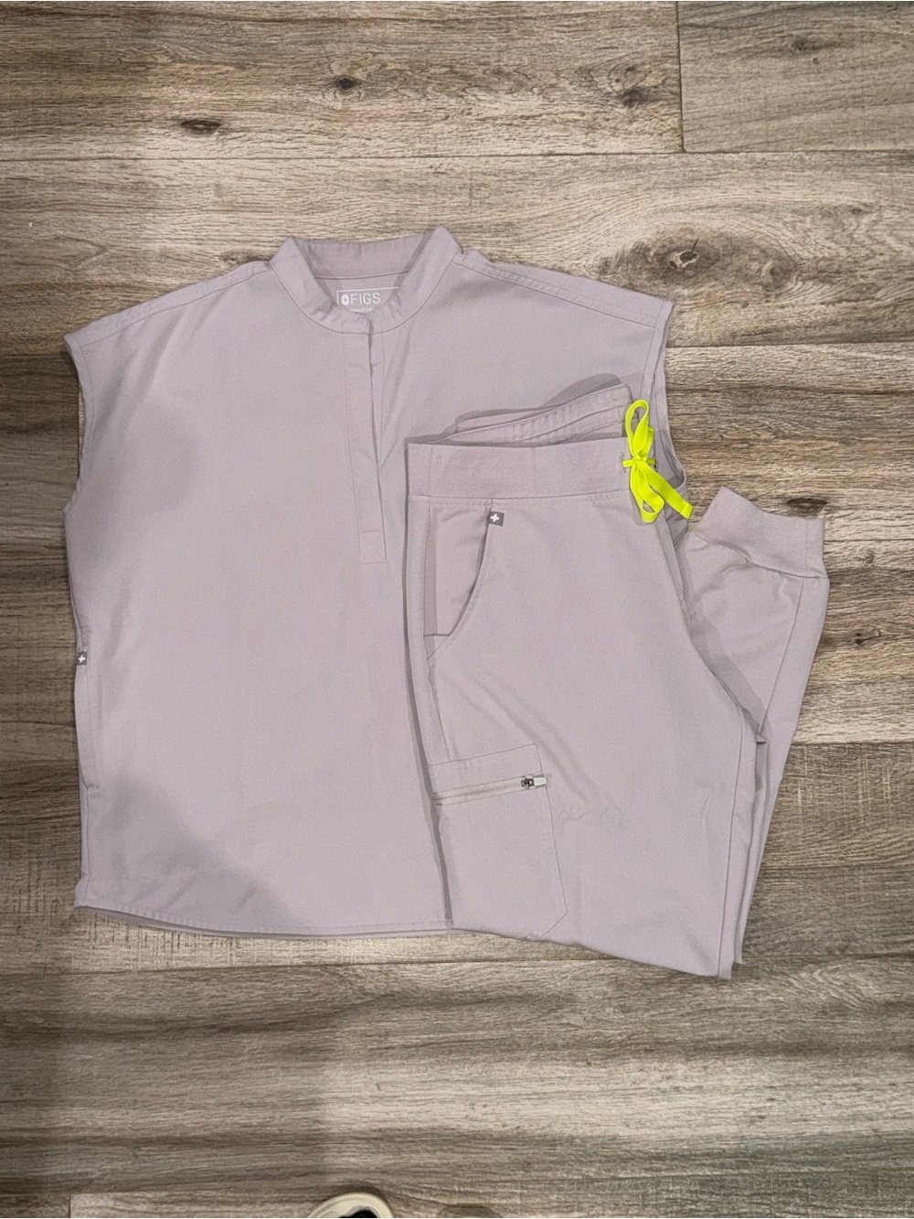 Figs Grey Women's Scrub Top and Jogger Set with Neon Yellow Drawstring